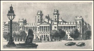 Jelzés nélkül: Kossuth tér, Budapest. Rézkarc, papír, 7×13 cm