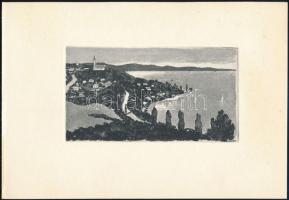 Jelzés nélkül: Balaton, háttérben a tihanyi apátsággal. Rézkarc, papír, 6,5×12 cm