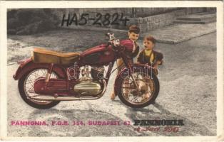 ~1950 Pannonia de Luxe 250 HA5-2824. P.O.B. 354. Budapest 62. motorkerékpár reklám. Hátoldalon QSL, Képzőművészeti Alap Kiadóvállalat / Hungarian motorbike advertisement (EK)