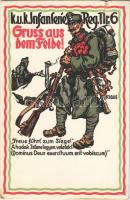 A hadak Istene legyen veletek! 6. gyalogezred lapja / K. u. k. Infanterie Reg. Nr. 6. Gruss aus dem Felde! / Austro-Hungarian military art postcard. A. Berger litho. s: Klaus (szakadás / tear)
