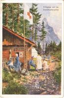 Hilfsplatz mit der Dreischusterspitze / WWI Austro-Hungarian military art postcard. Offizielle Karte für Rotes Kreuz, Kriegsfürsorgeamt Kriegshilfsbüro Nr. 215. s: Rudolf Kargl (EK)