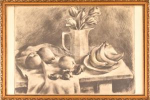 Kórusz József (1927-2010): Gyümölcsök. Rézkarc, papír, jelzett, üvegezett, aranyozott fa keretben, 30×43 cm