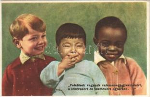 Felelősek vagyunk valamennyi gyermekért, a fehérekért és feketékért egyaránt; kiadja a Magyar Nők Demokratikus Szövetsége, kommunista propaganda lap / Hungarian communist propaganda postcard, white and black children