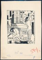 Vincze Lajos (1914-2002): Női akt és férfi (karikatúra vagy illusztráció). Tus, papír, jelzett és datált (Vincze L. 73), hátoldalán Magyar Hírlap bélyegzőjével 12×10 cm