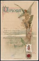 1896 Diploma az Ezredéves Országos Kiállítás látogatása alkalmából a kiállítás Aranykönyvébe történt bejegyzés nyomán, szecessziós litográfia, szign. Basch Árpád, kitöltetlen, hajtott