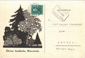 1934 Kisvárda, Diner féle faiskola reklámlapja. Rajta Diner saját levele az Első Magyar Fészekodúgyárnak + "KÁRÁSZ POSTAI ÜGYN."  (EK)