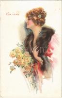 Mía May, Lady with bouquet art postcard. "ERKAL" No. 335/5. s: Usabal (glue mark)