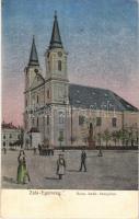 1913 Zalaegerszeg, Római katolikus templom, ezüstös fólia. Fülöp János kiadása + WIEN - NAGYKANIZSA 24 B vasúti mozgóposta bélyegző (fl)
