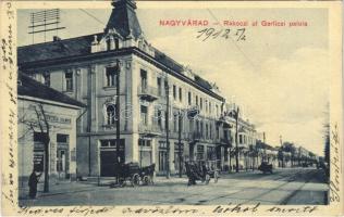 1912 Nagyvárad, Oradea; Rákóczi út, Gerliczi palota, Haldek Vilmos üzlete, lovaskocsik. Sonnenwirth József kiadása 25850 / street, palace, shops, horse carts