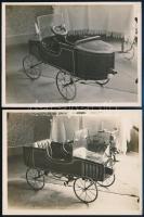cca 1930 Gyerekjátékok, kis biciklik, kiskocsik, babaházak, stb., 6 db fotó, 9×12 cm