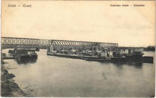 1909 Eszék, Osijek, Esseg; Dravska obala / Drauufer / Dráva-part, uszályok, vasúti híd. Selzer és Rank kiadása / railway bridge, riverside, barges + kétnyelvű bélyegző / bilingual cancellation