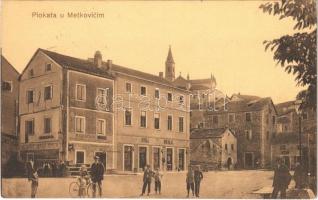 1916 Metkovic, Fő utca, Juraj Nikolac, P. Gluscevic üzlete, kerékpár / street view, shops, bicycle