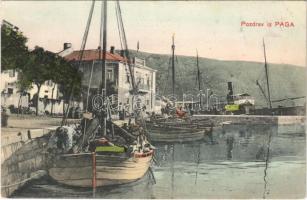 1918 Pag, Pago; kikötő, gőzhajó, halászhajók / port, steamship, fishing boats + K.u.K. Stationskommando in PAGO (EK)