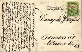 1915 Bród, Nagyrév, Slavonski Brod, Brod na Savi; Savska obala / Száva kikötő, vasúti híd, uszályok,...