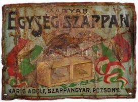 Magyar Egység Szappan Karig Adolf Szappangyár Pozsony fém tábla, rozsdás, kopott, deformációval, 26×36 cm