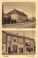 1944 Perecseny, Perechyn, Perecin; utca, Tancár János, Hanák üzlete, Hangya Szövetkezet / street view, shops, cooperative shop + "M. KIR. MOZGÓPOSTA 172" vasúti mozgóposta bélyegző (EK)