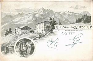 1902 Bad Reichenhall, Gruss von der Zwieselalp (Zwieselalm), Kaiser-Wilhelms-Haus / mountain, tourist house, hotel. Art Nouveau s: F. K. (EB)