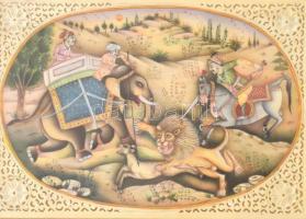 Jelzés nélkül: Akbar császár vadászata kedvenc tanácsadójával, Birballal. Indiai akvarell-karton, 14,5 x 10 cm Üvegezett keretben