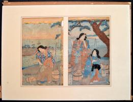 Ismeretlen jelzéssel, XIX. sz. japán alkotó műve: Vízhordók. Színes fametszet, papír. Sérült, ragasz...