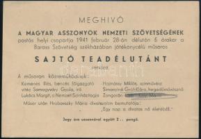 1941 Magyar Asszonyok Nemzeti Szövetségének sajtó teadélutánjának meghívója,