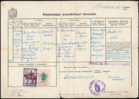 1938 Házassági anyakönyvi kivonat 1P okmánybélyeg + 2P Budapest székesfővárosi okmánybélyeg vegyes lerovással