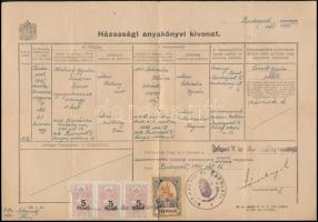 1945 Házassági anyakönyvi kivonat 3 x 5P okmánybélyeg + 20P Budapest székesfővárosi okmánybélyeg vegyes lerovással