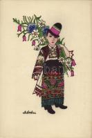 Matyó gyerek / Hungarian folklore art postcard. Hand-coloured s: Détári