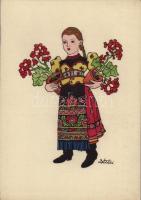 Matyó leány / Hungarian folklore art postcard. Hand-coloured s: Détári