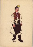 Szanyi legény / Hungarian folklore art postcard. Hand-coloured s: Détári