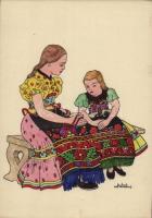 Matyó leányok / Hungarian folklore art postcard. Hand-coloured s: Détári