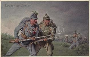 Schulter an Schulter / WWI Viribus Unitis military propaganda. Wohlgemuth & Lissner Primus Postkarte No. 1071. s: R.R. v. Wichera