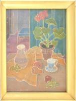Laki Ida (1921-2015): Asztali csendélet. Olaj, farost, jelzett, hátoldalán Képcsarnok Vállalat címkéjével. Üvegezett keretben, 50×40 cm