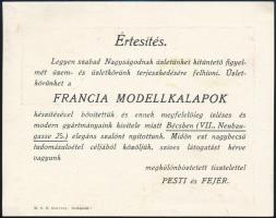 cca 1914 Bp. IX., Pesti és Fejér dekoratív kétoldalas női kalap reklámlapja, szép állapotban