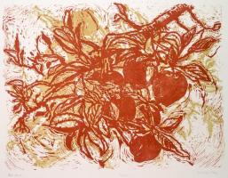 Somlai Vilma (1938-2007): Őszi alma. Színes linómetszet, papír, jelzett, számozott (61/100), lap szélén kisebb szakadással, 29×38 cm