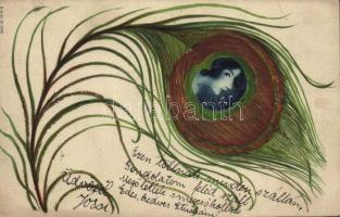 1901 Peacock feather lady. Art Nouveau litho art postcard, E.A.W. No. 1240. unsigned Raphael Kirchner (EK)