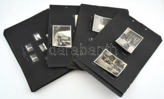 1938-1942 Budapest életképek albumlapokon, felvonulás, jégzajlás, árvíz, hidak, terek, épületek, gazdag gyűjtemény, 85 db fotó, 33 db karton albumlapokon, egy fotó sarkán törésnyommal, kissé sérült albumlapokkal, de egyébként a fotók nagyrészt jó állapotban, 22x16 cm és 3x4 cm közötti méretben