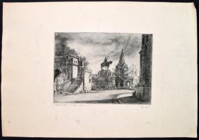 Élesdy István (1912-1987): Halászbástya - Szent istván szobor. Rézkarc, papír, jelzett, 22×30 cm
