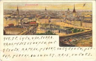 1900 Stockholm, general view, art postcard. Cryptography. Kosmos S. 11. litho s: Basch Árpád (EB)
