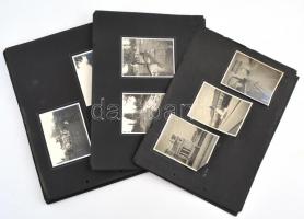 1938-1942 Különféle életképek albumlapokon,kb. 70 db fotó 31 db albumlapon, rajta különféle helyszínekkel, Vác, Nagybörzsöny, Római fürdő, Dunakeszi, Lakberendezési vásár, Nagytétény, Klotildliget, esküvői fotók...stb, az egyik fotó sarkán hiánnyal, sérült kartonlapokkal, 11x8 cm és 8x5 cm közötti méretben