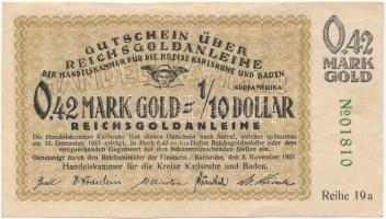 Német Birodalom / Weimari Köztársaság / Karlsruhe-i és Badeni Kereskedelmi Kamara 1923. 0.42 Aranymárka = 1/10 Dollár T:III German Empire / Weimar Republic / Chamber of Commerce of Karlsruhe & Baden 1923. 0.42 Gold Mark = 1/10 Dollar C:F