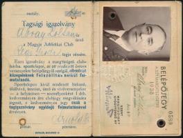 1938 A Magyar Atlétikai Club fényképes tagsági igazolványa margitszigeti belépőjeggyel
