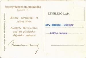 Központi Hatalmak propagandalap, karikatúra Karácsonyi és Újévi üdvözlettel. Pénzintézetek Hadikórhá...