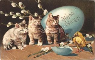 1913 Húsvéti Üdvözlet dombornyomott / Easter greeting with cats and chicken. Emb. litho (EK)