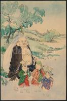 Jelzés nélkül: Távol-keleti család (Japán, Kína?). Akvarell, tus, papír. Lap bal szélén apró szakadással. 27x18 cm.