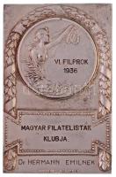 1936. Magyar Filatelisták Klubja - Dr. Hermann Emilnek - VI. FILPROK 1936 egyoldalas, ezüstözött Br plakett (85x55mm) T:1- ezüstözésen apró kopások