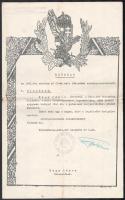 1941 Ezredparancsnoki dicséret a Délvidék visszafoglalása során tanúsított magatartásért, géppuska irányzó őrvezető részére, m. kir. 20. honvéd gyalogezred parancsnokság bélyegzéssel, díszes papíron, aláírással.