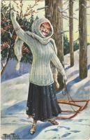 Cat with sled, winter sport. T.S.N. Serie 1299. s: Arthur Thiele (EK)