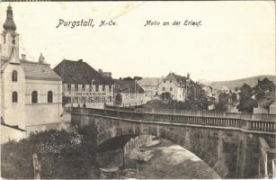 1918 Purgstall an der Erlauf, Motiv an der Erlauf, Ferdinand Schlögl Gasthof / bridge, inn, hotel (crease)