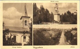 1943 Nagyszénás, Evangélikus templom, Hősök szobra, emlékmű, látkép, utca (Rb)