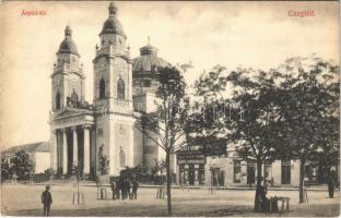 1909 Cegléd, Árpád tér, templom, üzletek. Sárik Gyula kiadása (EK)